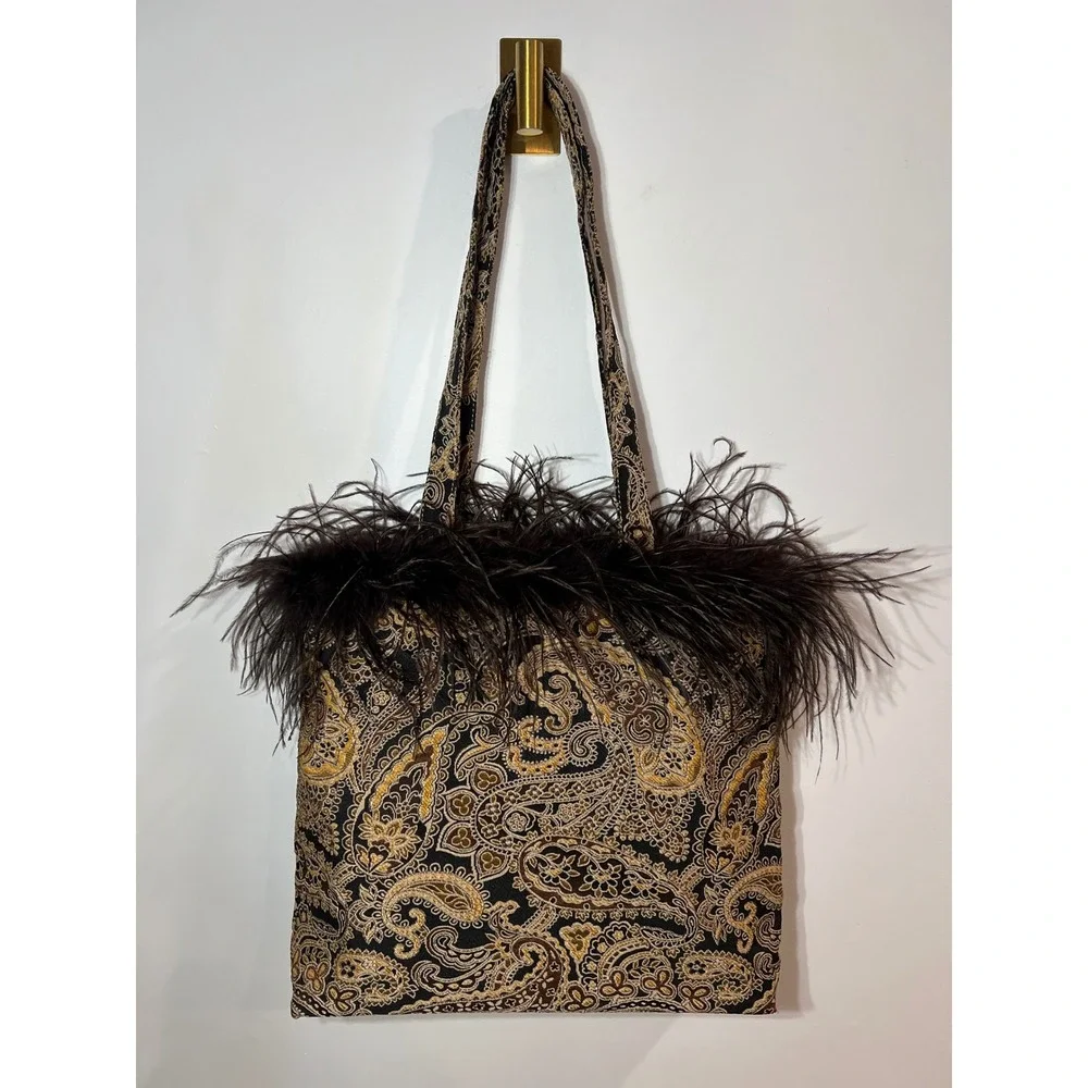 CBK Paisley Feather Tote Bag Brown Gold Tapestry Ostrich Trim Statement Large OS